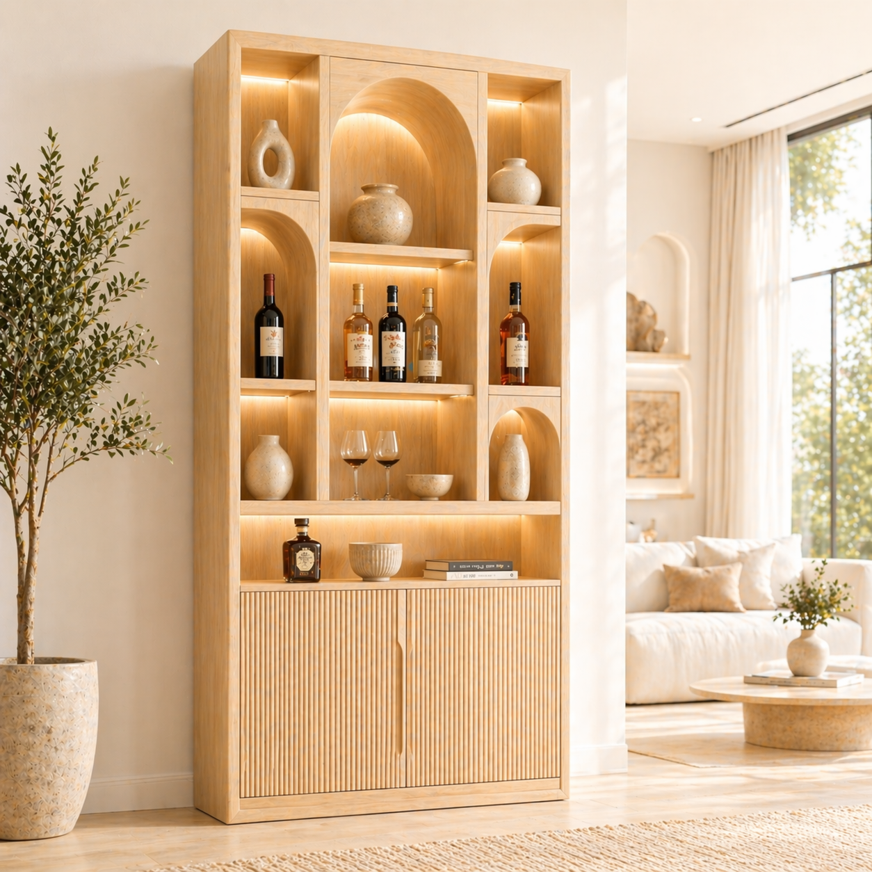 Tall Wine Cabinet Bar Display Storage Shelves Freestanding Home Entertaining Cabinet