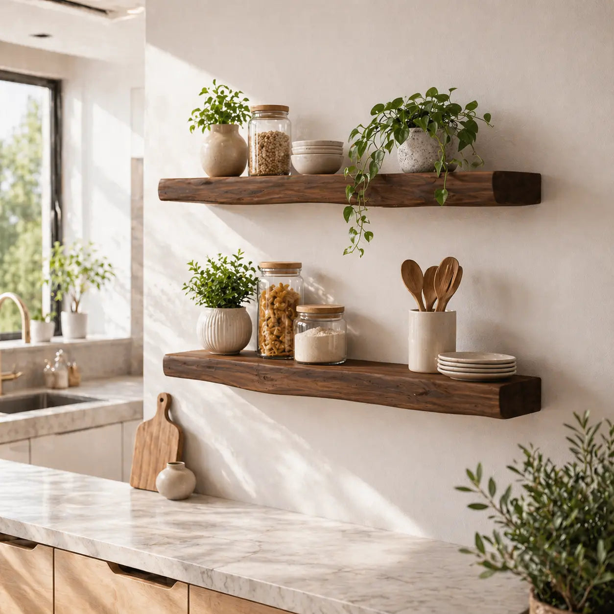 Solid Wood Floating Wall Shelf Rustic Live Edge Kitchen Wall Mounted Shelf Kitchnce