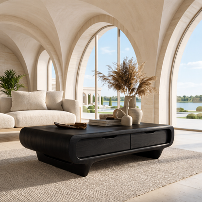 Modern Storage Coffee Table with Drawers, Rounded Minimalist Living Room Centerpiece