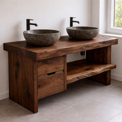 Solid Wood Double Sink Bathroom Vanity with Drawers and Open Shelf Rustic Style