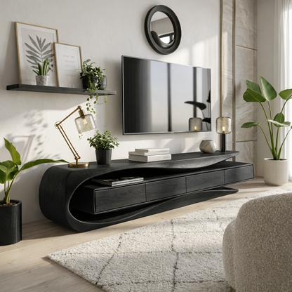 Solid Wood TV Stand with Curved Frame, Modern Low Profile Media Console