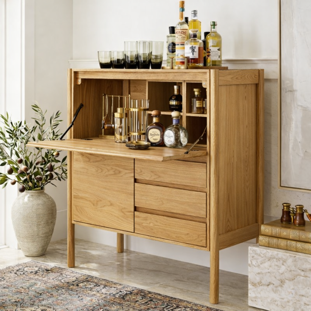 Mid Century Bar Cabinet, Fold-Down Cocktail Console with Glassware Bottle Storage