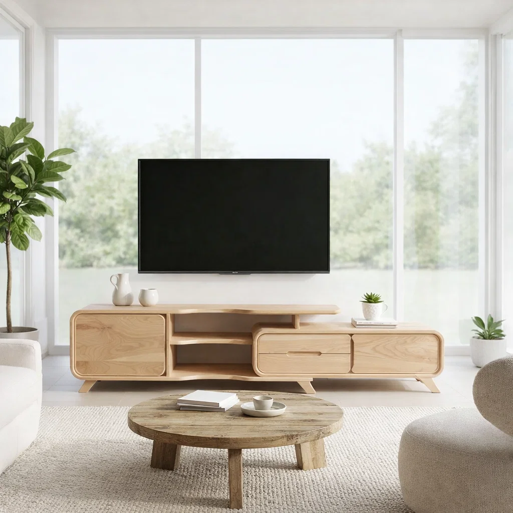 Solid Wood TV Console with Drawers & Shelves – Modern Media Unit Storage