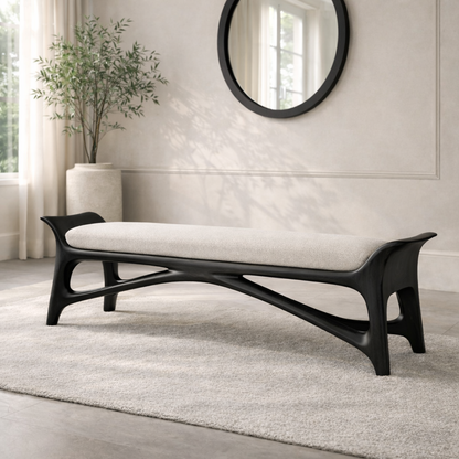 Modern Upholstered Entryway Bench, Luxury Sculptural Hallway Seat with Curved Frame
