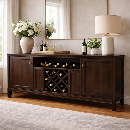 Solid Wood Console Cabinet with Wine Rack and Storage Doors