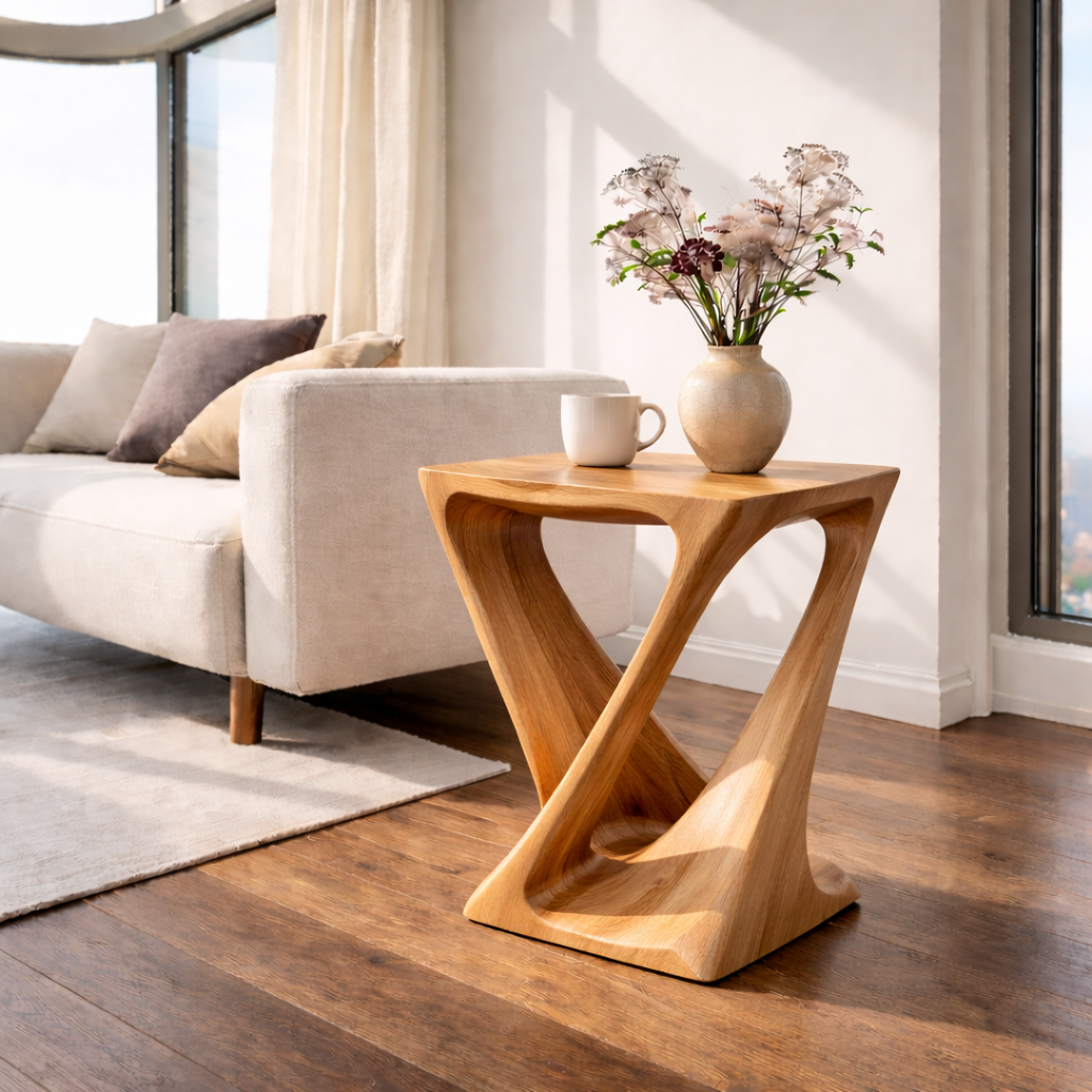 Modern Solid Wood End Table – Sculptural Wooden Side Table for Living Room Kitchnce