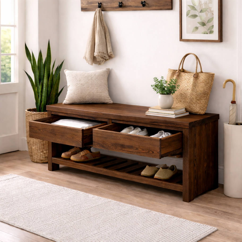 Wood Entryway Bench with Storage Drawers | Modern Hallway Seating & Shoe Rack Kitchnce