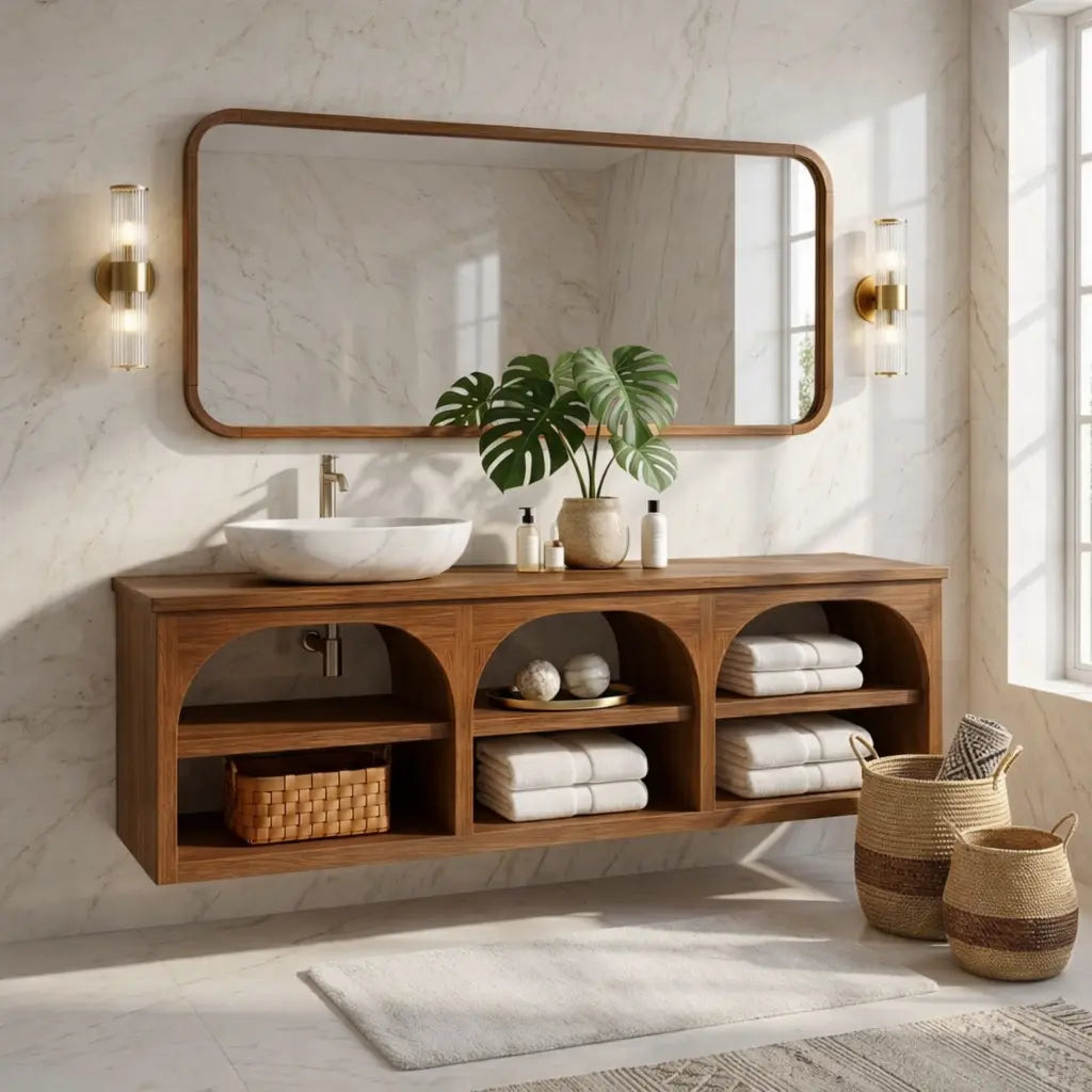 Floating Vanity with Natural Wood and Marble Sink, Open Shelf Storage Kitchnce