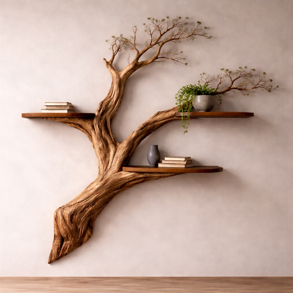 Handcrafted Solid Wood Tree Branch Wall Shelf - Rustic Floating Bookshelf & Kitchen Decor