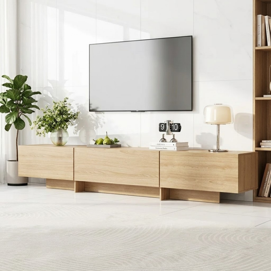 Modern Solid Wood TV Stand Long Low Profile Media Console Minimal Storage Unit