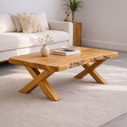 Live Edge Solid Wood Coffee Table with X-Frame Legs – Rustic Modern Living Room Table Kitchnce