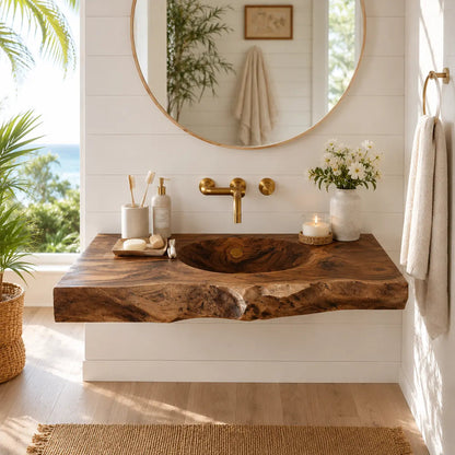 Live Edge Wood Sink Vanity | Solid Wood Floating Vanity with Carved Sink Kitchnce