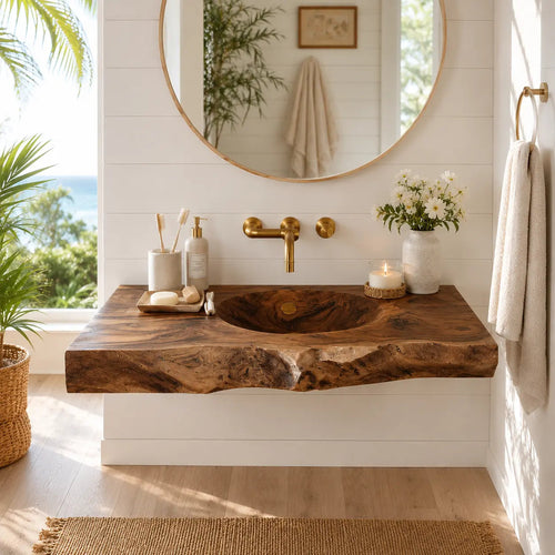 Live Edge Wood Sink Vanity | Solid Wood Floating Vanity with Carved Sink Kitchnce
