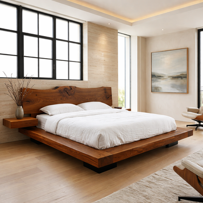 Organic Modern Platform Bed Frame with Floating Nightstands, Minimalist Design Style