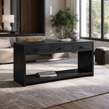 Solid Wood Console Table with Drawers and Shelf – Modern Entryway Storage Table