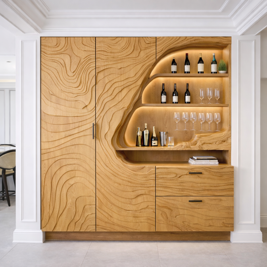 Luxury Solid Wood Bar Cabinet with Sculpted Wood Panels & LED Display Shelves