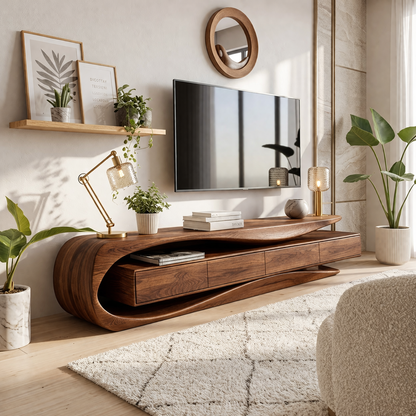 Solid Wood TV Stand with Curved Frame, Modern Low Profile Media Console