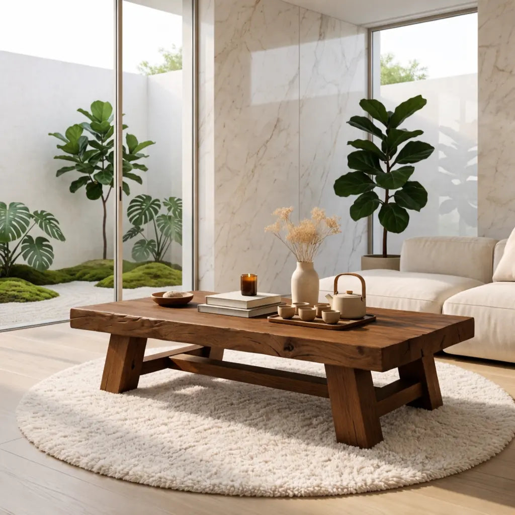Handcrafted Solid Wood Coffee Table, Rustic Style with Geometric Legs Kitchnce