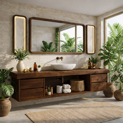 Modern Floating Walnut Vanity with Natural Wood Finish and Open Shelving, Stylish Bathroom Storage Kitchnce