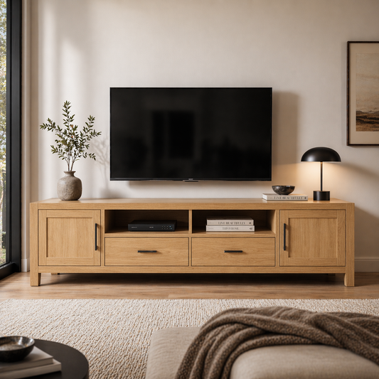 Solid Wood Media Console with Drawers, Modern TV Stand with Cabinets and Storage
