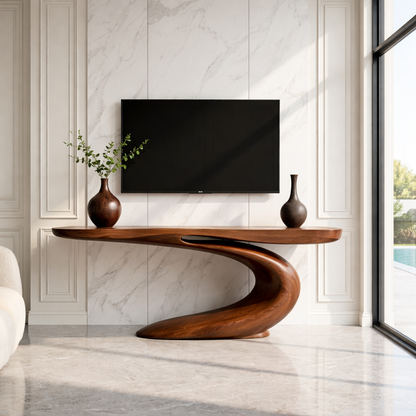 Solid Wood Console Table with Sculpted Curved Base, Modern Artistic Design