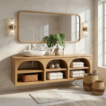 Floating Vanity with Natural Wood and Marble Sink, Open Shelf Storage Kitchnce