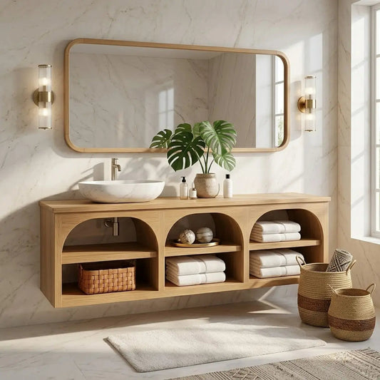 Floating Vanity with Natural Wood and Marble Sink, Open Shelf Storage Kitchnce