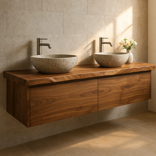 Handcrafted Solid Wood Floating Vanity - Double Sink Live Edge Walnut Console 2-Drawer Kitchnce