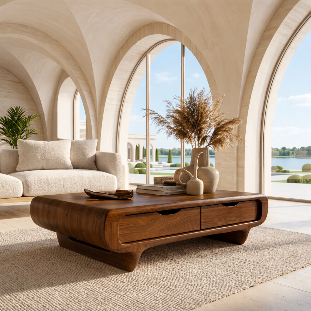 Modern Storage Coffee Table with Drawers, Rounded Minimalist Living Room Centerpiece