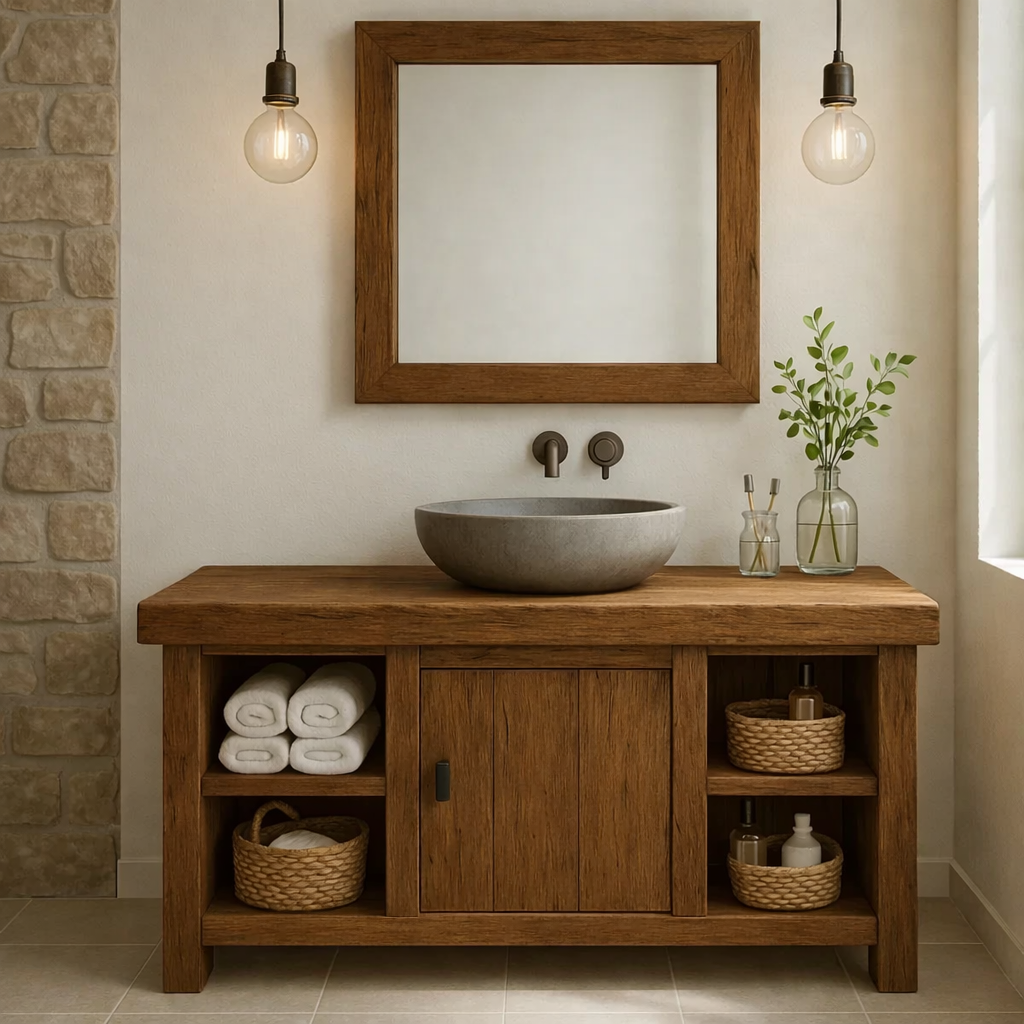 Rustic Wooden Bathroom Vanity with Vessel Sink and Storage Compartments Kitchnce