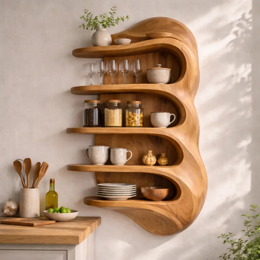 Solid Wood Curved Kitchen Cabinet Shelf – Floating Organic Wall Storage Display Kitchnce