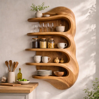 Solid Wood Curved Kitchen Cabinet Shelf – Floating Organic Wall Storage Display Kitchnce