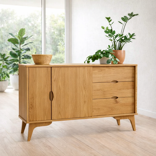 Mid Century Sideboard Cabinet with Drawers and Sliding Doors – Storage Console
