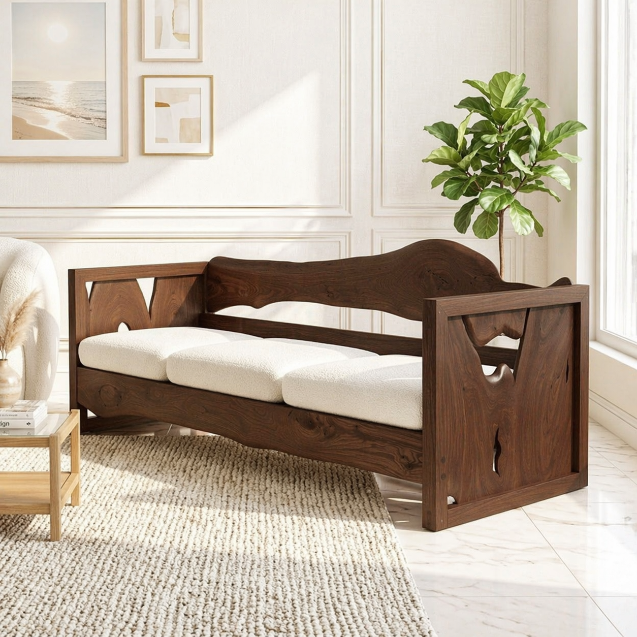 Organic Modern Wooden Sofa, Minimalist Daybed Couch for Elegant Modern Interiors