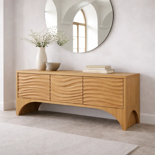 Solid Wood Console Table with Wave Front Drawers – Modern Entryway Storage Cabinet