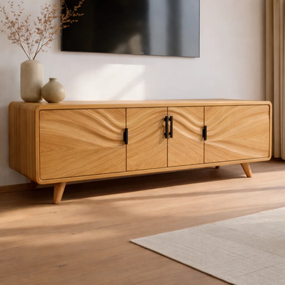Solid Wood Wave Front TV Cabinet with Doors – Modern Low Media Console Storage