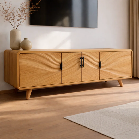 Solid Wood Wave Front TV Cabinet with Doors – Modern Low Media Console Storage