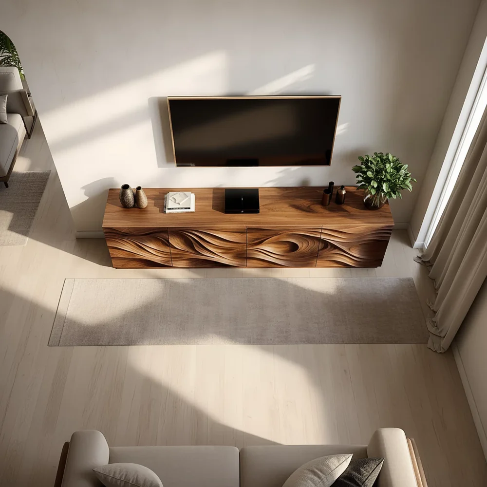 Solid Wood TV Stand Modern Media Console with Sculpted Wave Design