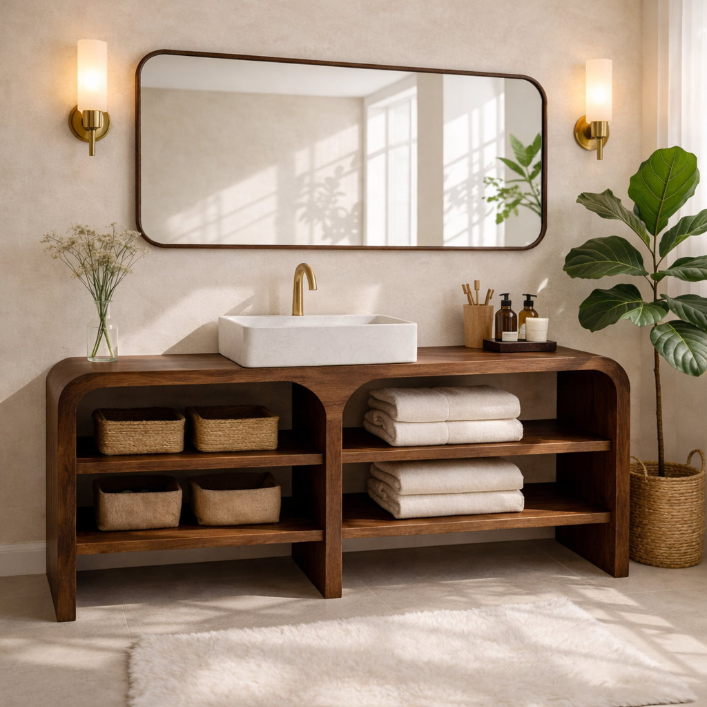 Modern Wooden Bathroom Vanity with Open Shelving Kitchnce