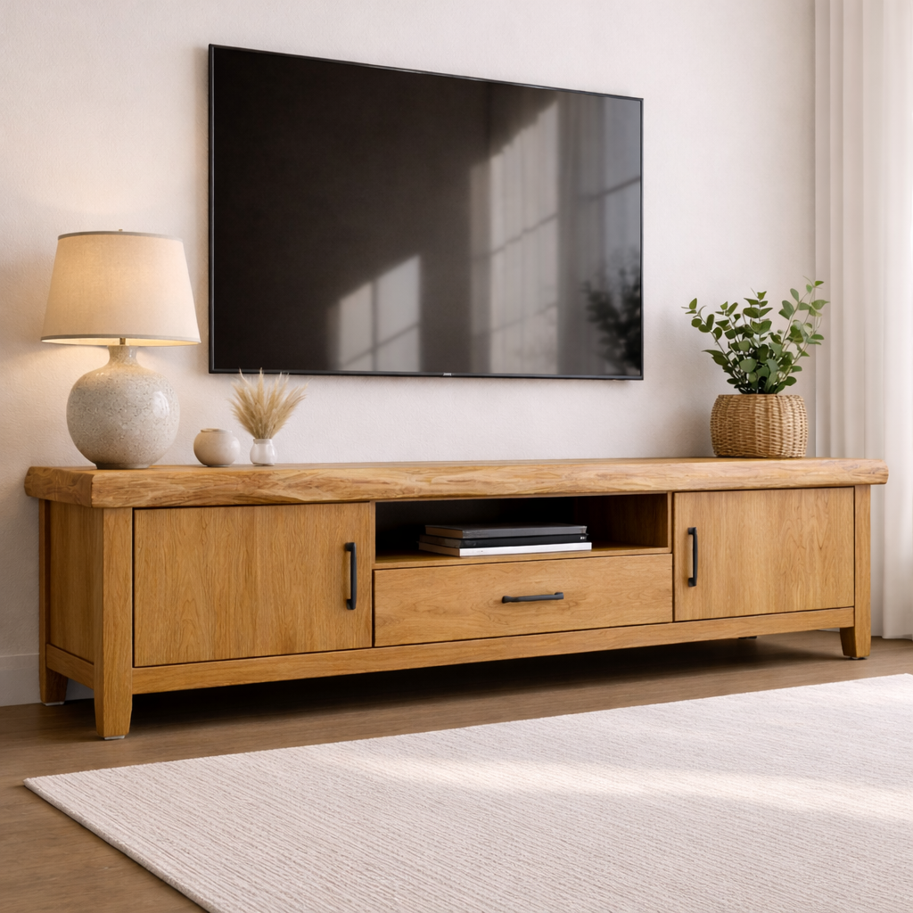 Solid Wood TV Console with Live Edge Top and Storage Cabinets