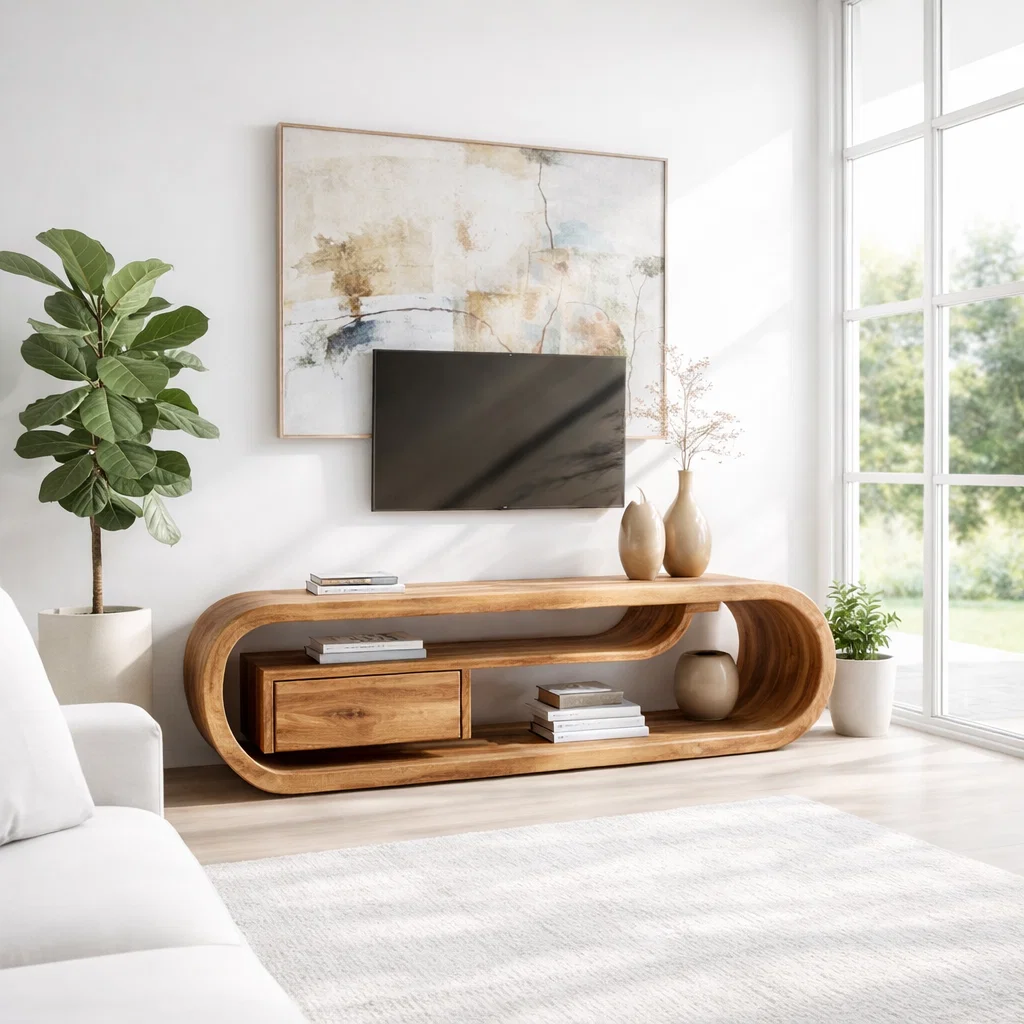 Solid Wood TV Console with Curved Design – Modern Media Stand with Drawer