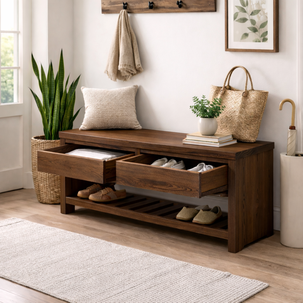 Wood Entryway Bench with Storage Drawers | Modern Hallway Seating & Shoe Rack Kitchnce