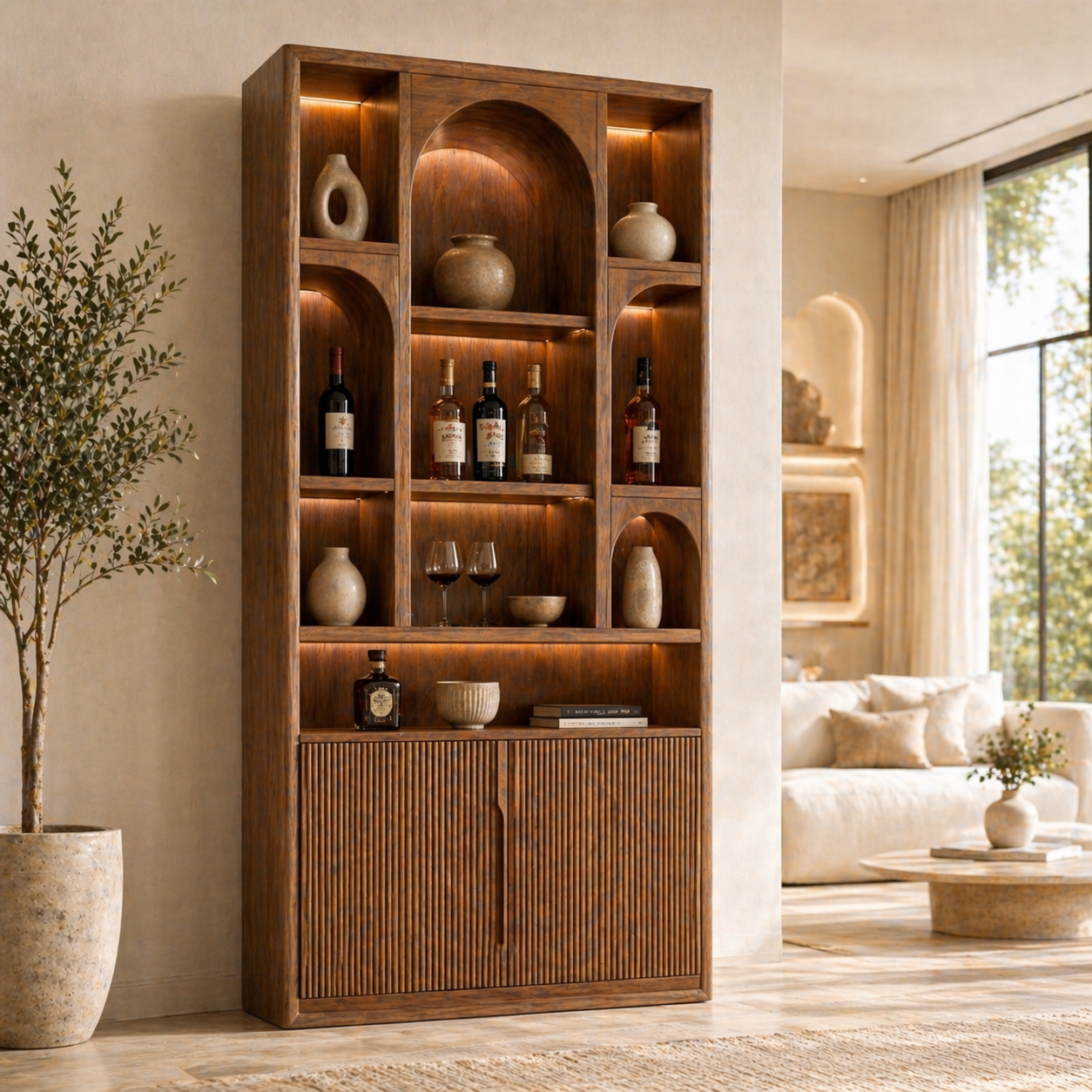 Tall Wine Cabinet Bar Display Storage Shelves Freestanding Home Entertaining Cabinet