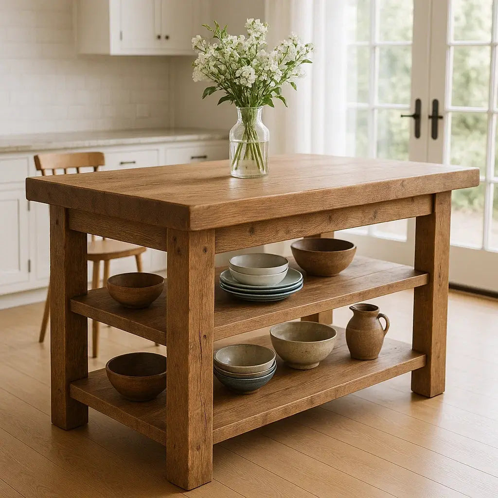 Handcrafted Solid Wood Kitchen Island – Rustic Oak Butcher Block Table with Open Shelves Kitchnce