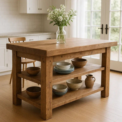 Handcrafted Solid Wood Kitchen Island – Rustic Oak Butcher Block Table with Open Shelves Kitchnce