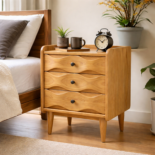 Solid Wood 3 Drawer Nightstand – Mid Century Modern Bedside Table with Storage