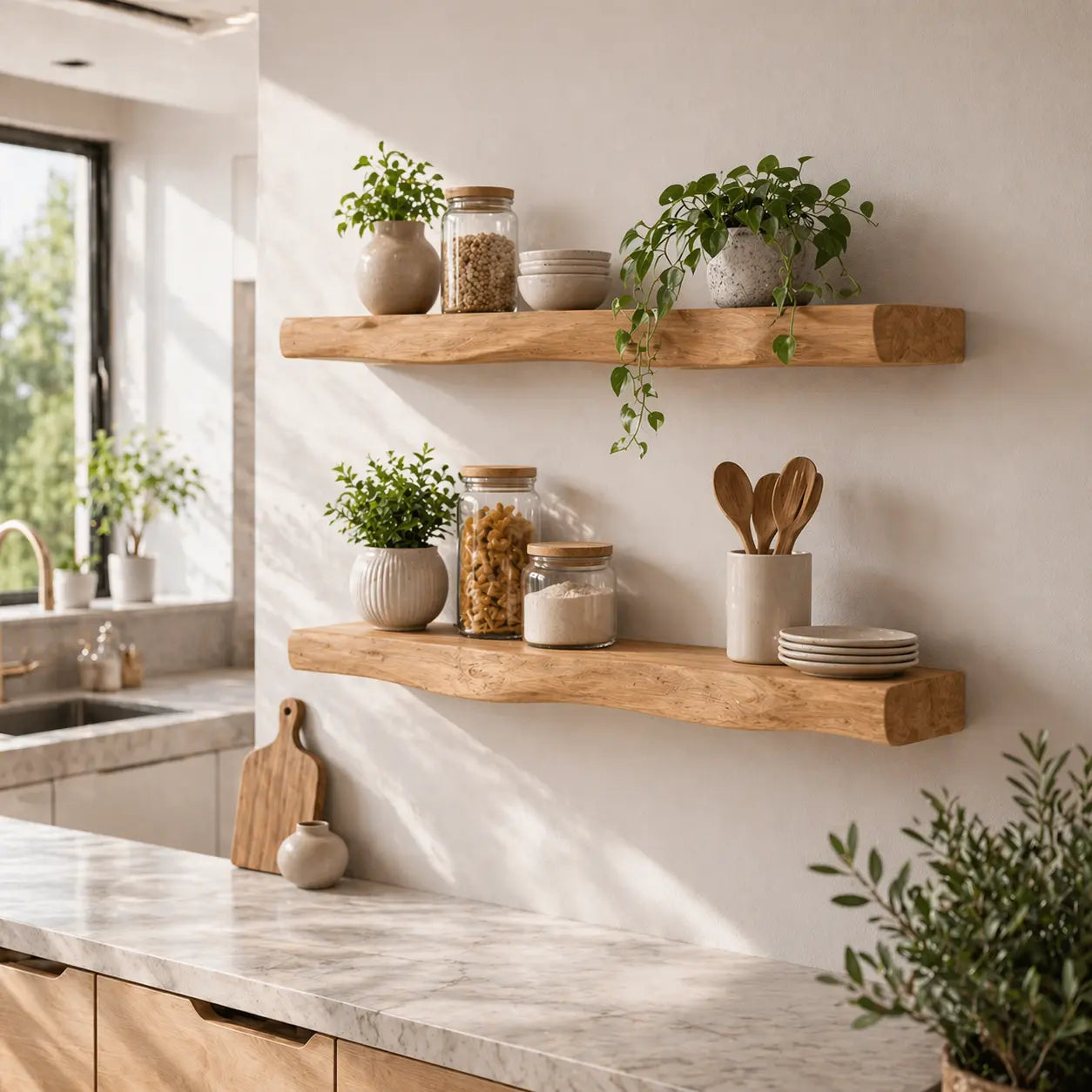 Solid Wood Floating Wall Shelf Rustic Live Edge Kitchen Wall Mounted Shelf Kitchnce