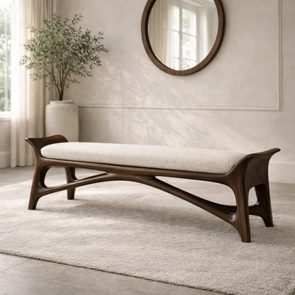 Modern Upholstered Entryway Bench, Luxury Sculptural Hallway Seat with Curved Frame