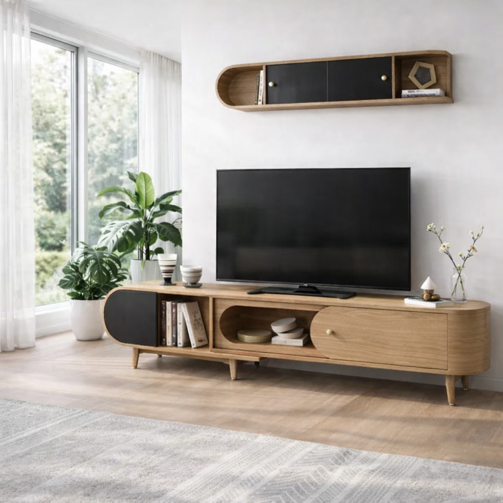 Mid Century Solid Wood TV Console with Cabinets & Open Shelf Storage
