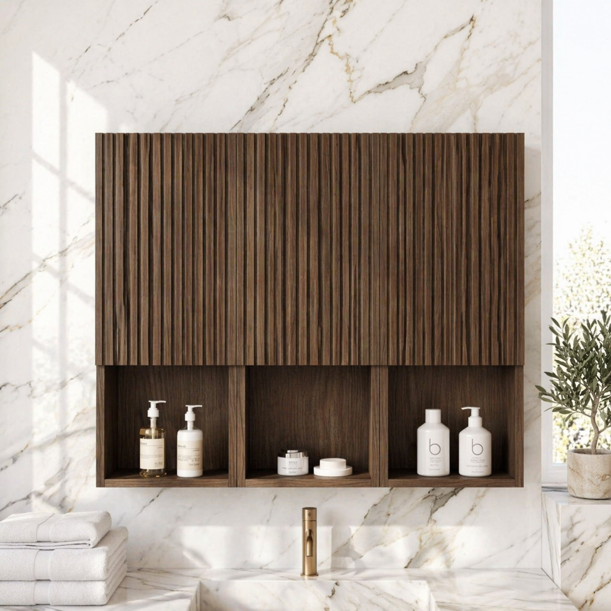 Floating Bathroom Cabinet, Modern Slatted Wall Mounted Vanity Storage Organizer Unit